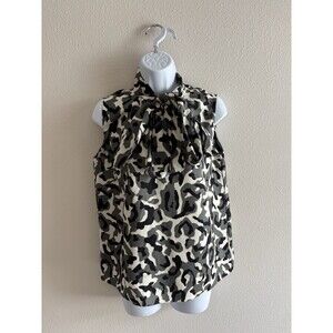 Theory Women Top Black Tan Camo 100% Silk Twill Tie Scarf Sleeveless Top Size M